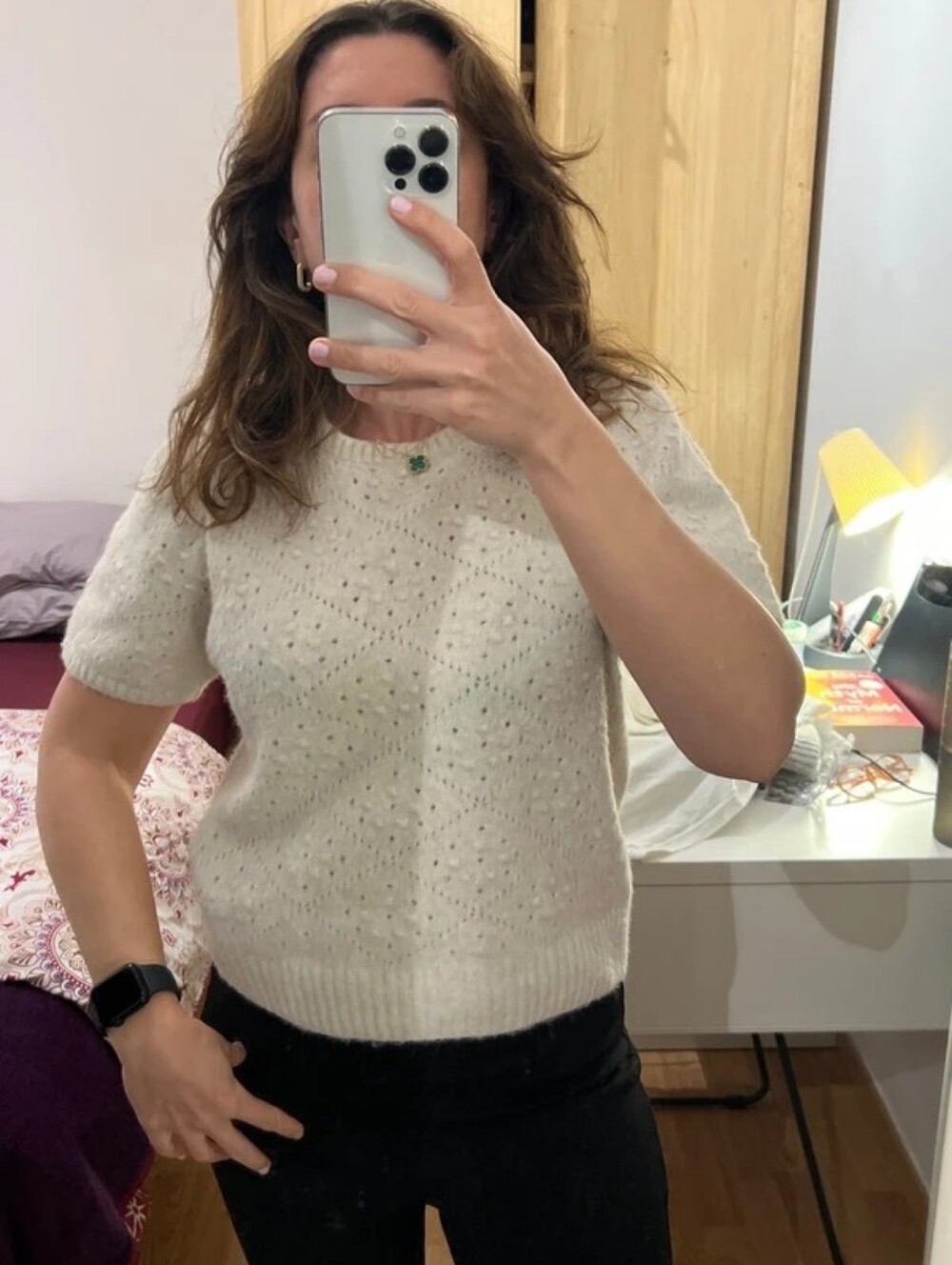 H&M Cream Short-Sleeve Eyelet Knit Sweater